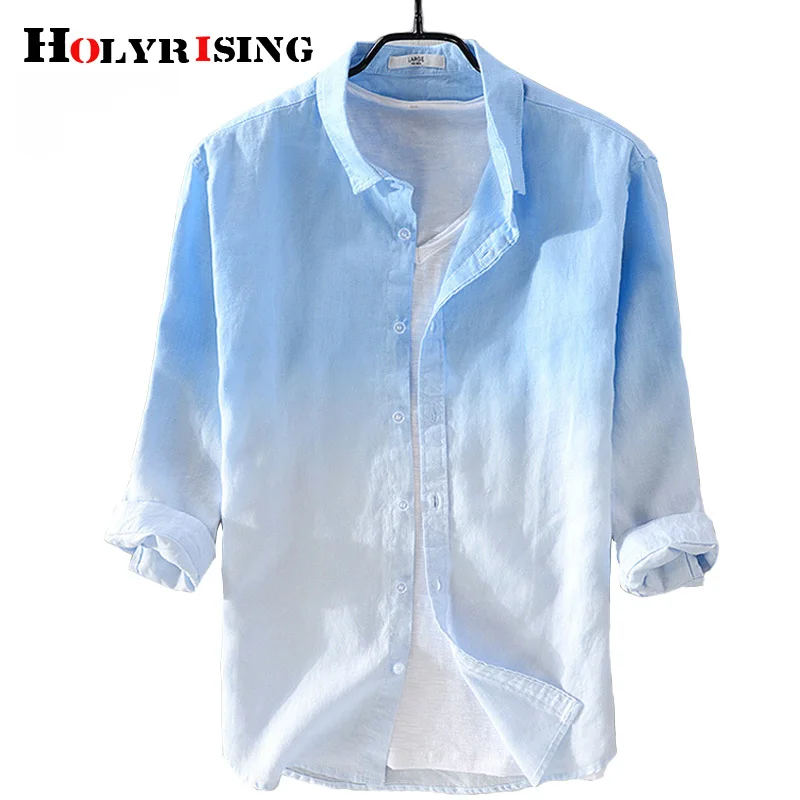 Holyrising New summer men's 100% linen shirt Seven-quarter sleeve mens gradient blue male casual 18815-5