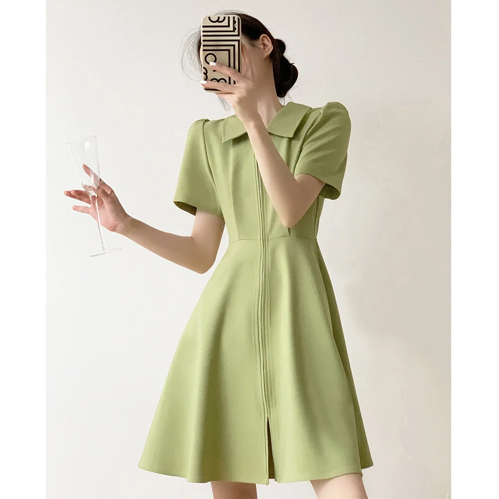 

BUTYOU GREEN DRESS Women's Summer New Short Waist Wrapped Kikyo Tea Break French Short Sleeve Shirt Skirt