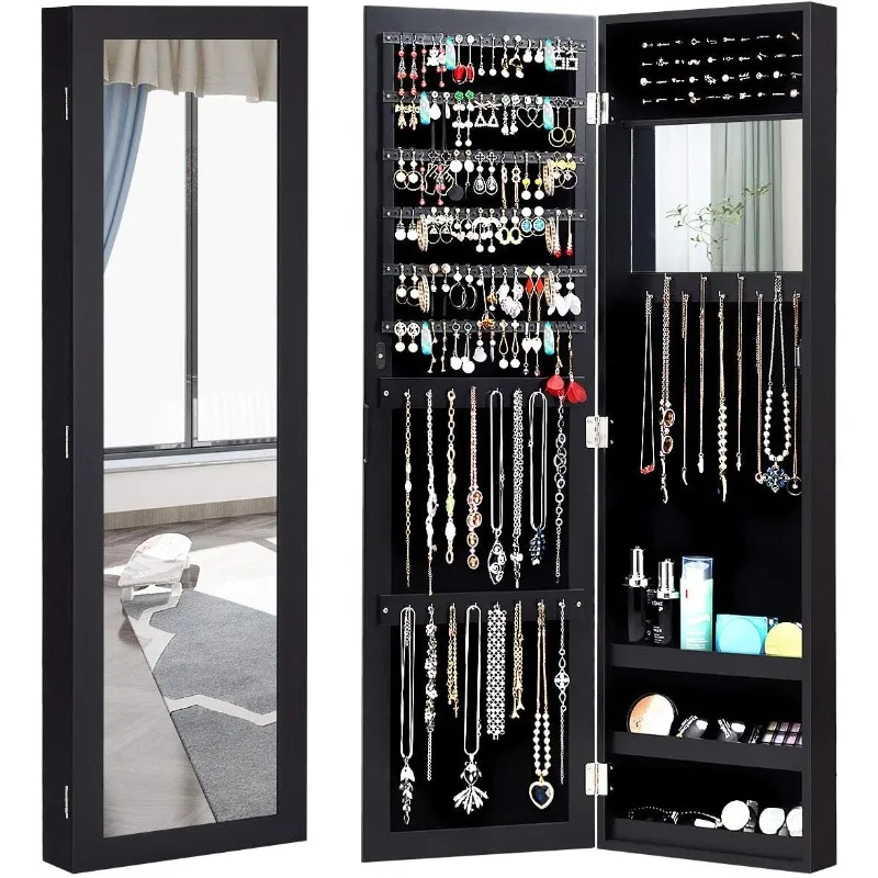 

Jewelry Armoire Cabinet Wall Door Mounted with Full Length Mirror, Jewelry Organizer with Makeup Mirror, Ring Earring Slots