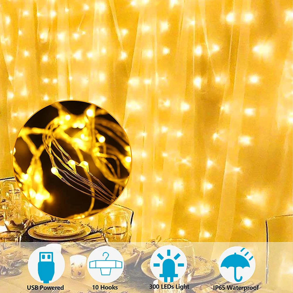 침실용 USB 커튼 라이트, 3M x 3M, 300LED, 따뜻한 흰색, 원격 8 가지 모드, 걸이식 창문, 홈 장 요정 조명