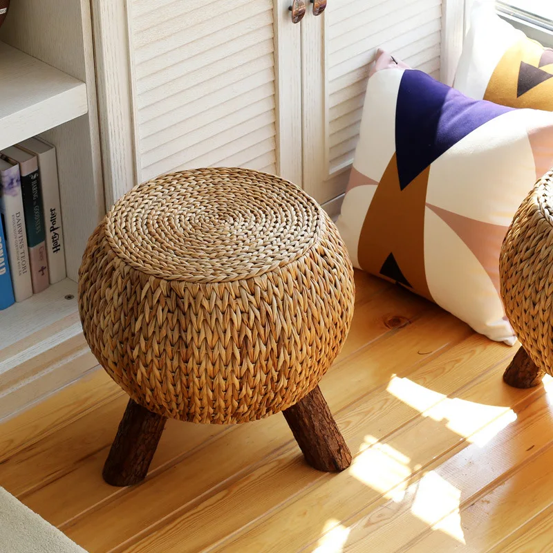 Rattan Handmade Rustic Round Footstool Household Multi functional Wooden 3 Leg Portable Wicker Ottoman Footrest Comfortable Gift image_0