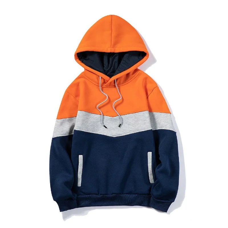 Men's Patchwork Hoodie Outdoor Casual Sportswear Street Fashion Men's Fleece Thermal Hooded Sweatshirt Fall Winter Black