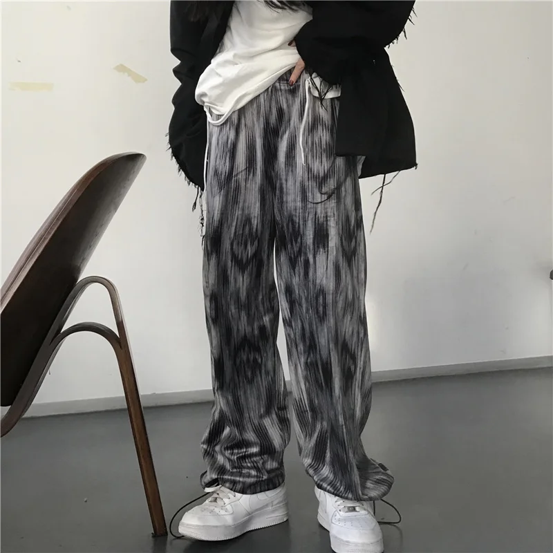 

Shnsophi Sports Pants Women 2022 High Waist Trouser Streetwear Harajuku Straight Baggy Tie Dye Drawstring Sweat Wide Leg Pants