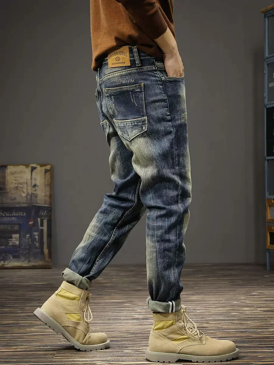 Fashion Designer Men Jeans Retro Black Blue Stretch Elastic Slim Fit Ripped Jeans Men Trousers Embroidery Vintage Pants Hombre