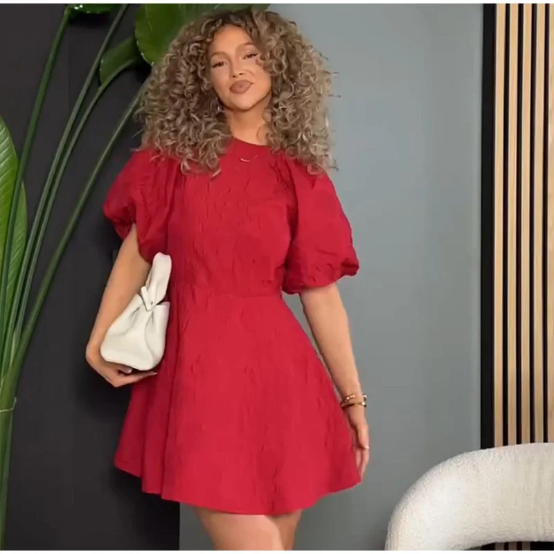 Minivestido retro con cordones en la espalda lisa para mujer, elegante, holgado, de manga corta abullonada, con cuello redondo, para fiesta navideña, ropa de calle