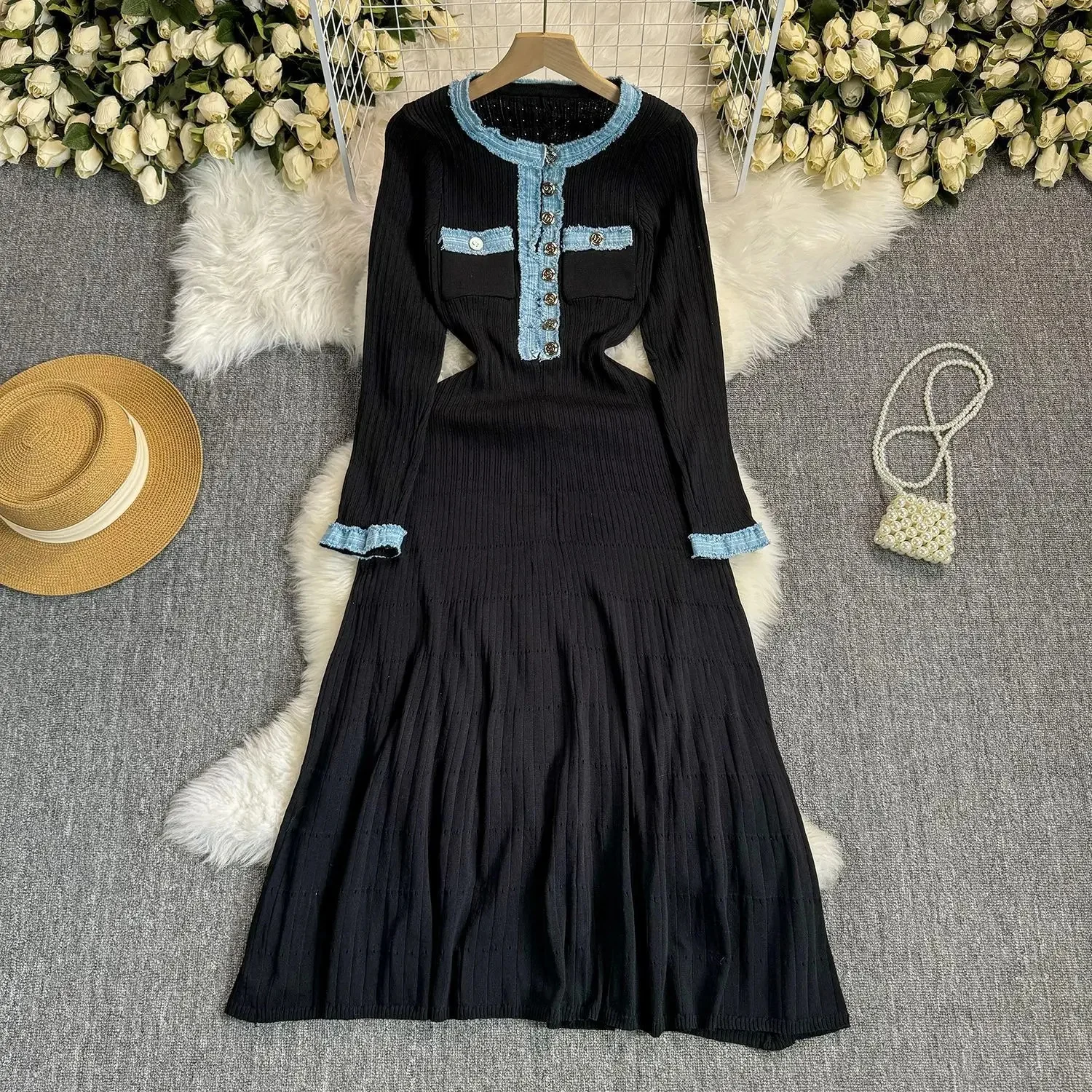 French Style Knitted Denim Short Sleeve Dress Slim Fit Long Sleeve Sweater Dress Ankle Length round Neck Conventional Waistline