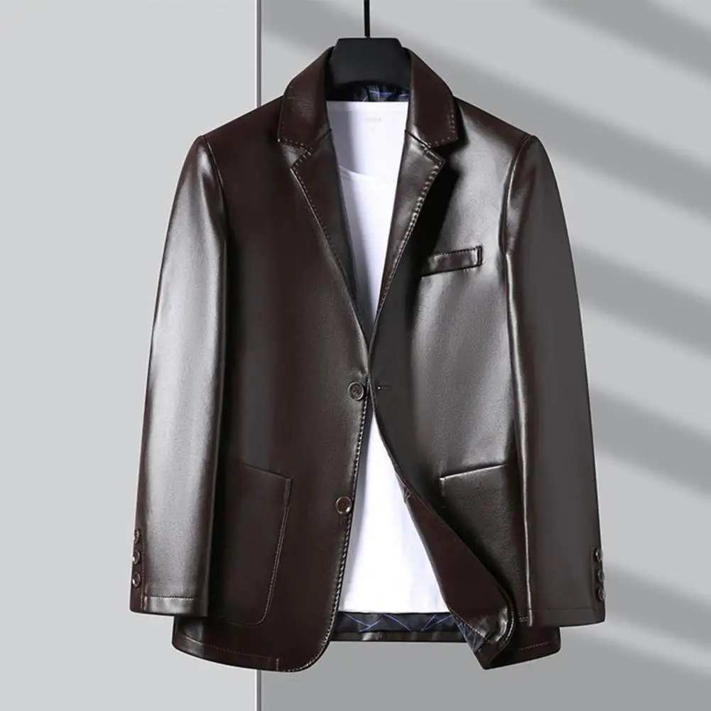 Men Leather Jacket Button Decoration Lapel Collar Outdoor