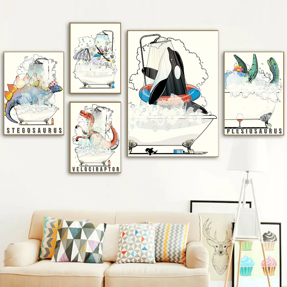 

Fashion art lovely animal Canvas painting in bathtub toilet wall art poster graffiti animal living room home decoration mural
