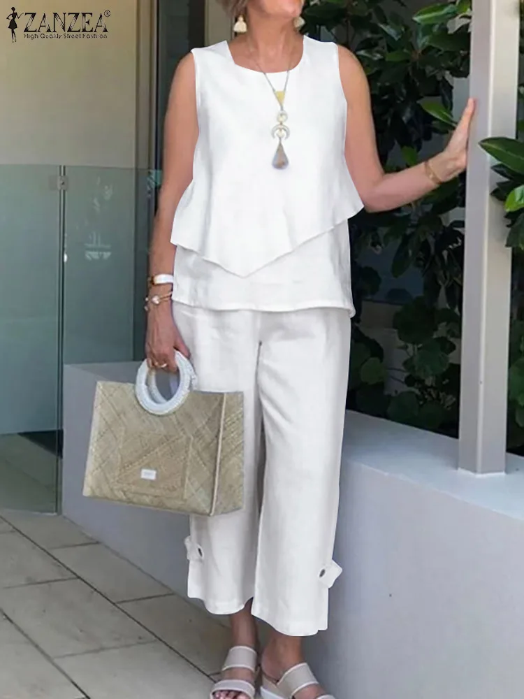 

Костюм ZANZEA женский летний без рукавов, блестящий костюм с широкими штанинами, Модный деловой костюм свободного покроя, комплект из 2 предметов