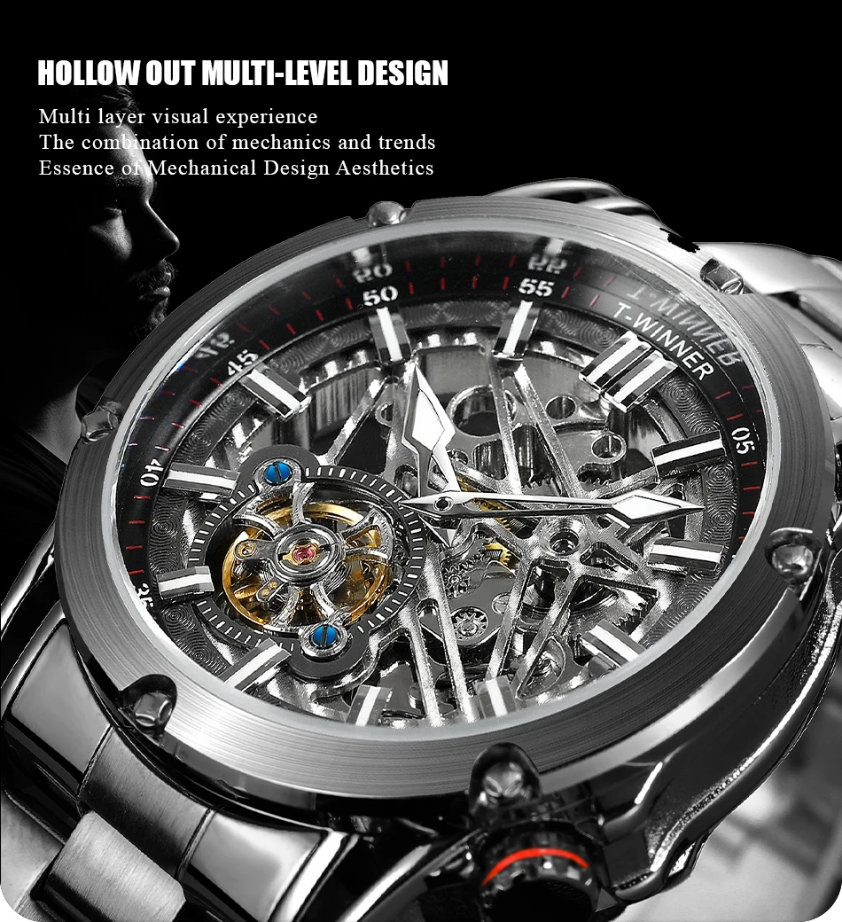 Orologio da uomo di lusso di alta qualità WINNER, grande, in acciaio inossidabile, con scheletro, tourbillon, movimento automatico, orologio meccanico militare maschile_voghion.com