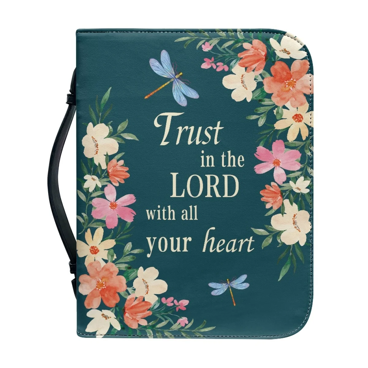 FORUDESIGNS Bible Cover Handles Floral Dragonfly Design Bible Carrying Case Pockets Utility Leather Case Organizer Fits Women
