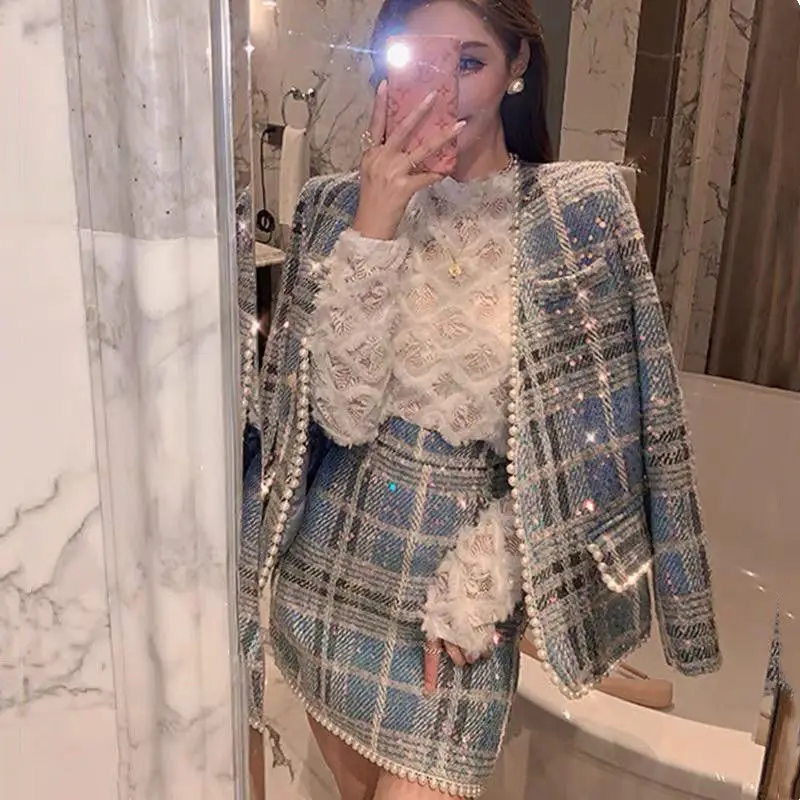 

Lady Sequined Blazers Coat Pearls Beaded Woman Suit Autumn Ladies OL Plaid V-Neck Jacket Two-piece Female Blazer and Skirt Set