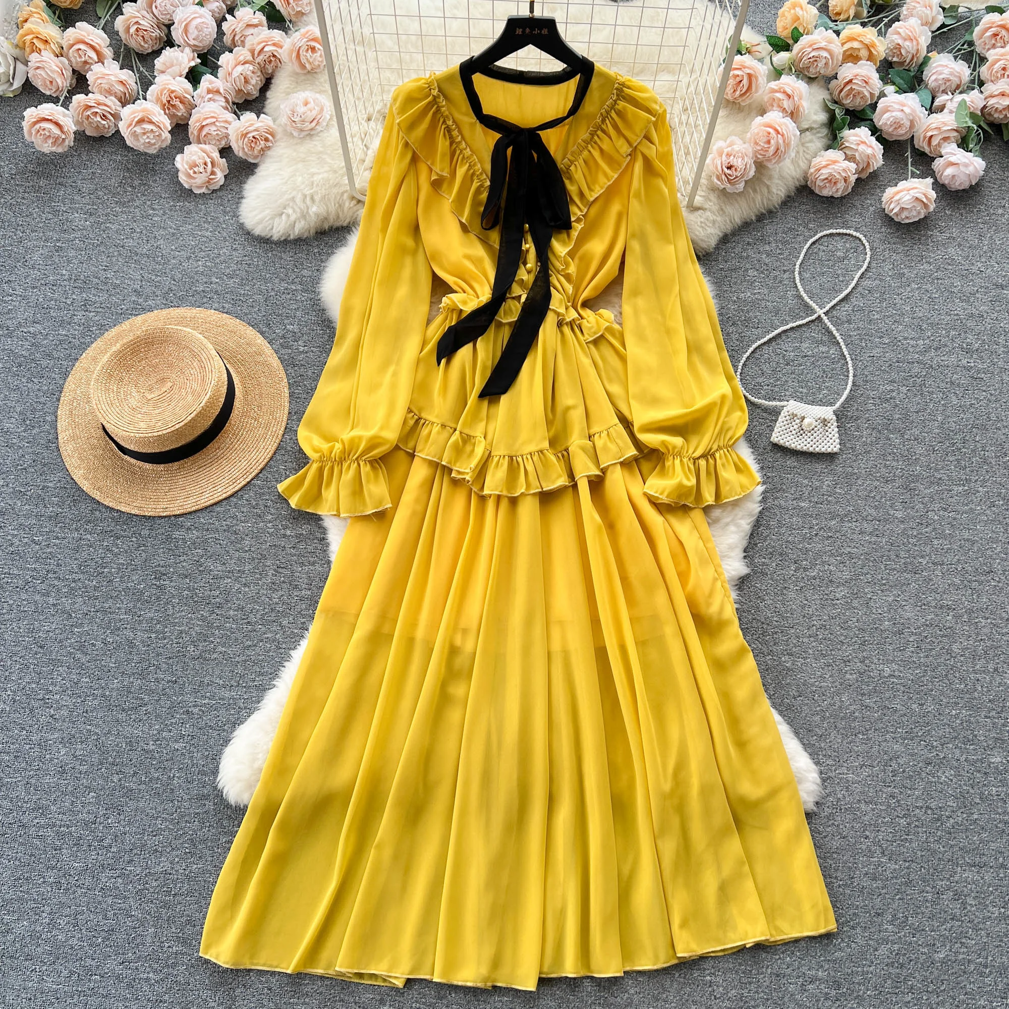 

Платье Foamlina женское шифоновое ТРАПЕЦИЕВИДНОЕ, элегантное пляжное вечернее платье во французском стиле с бантом на воротнике, длинным рукавом, оборками и поясом на резинке, на лето