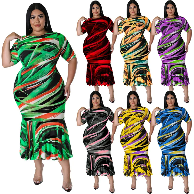 

European and American large autumn women's round neck short sleeved large swing dress