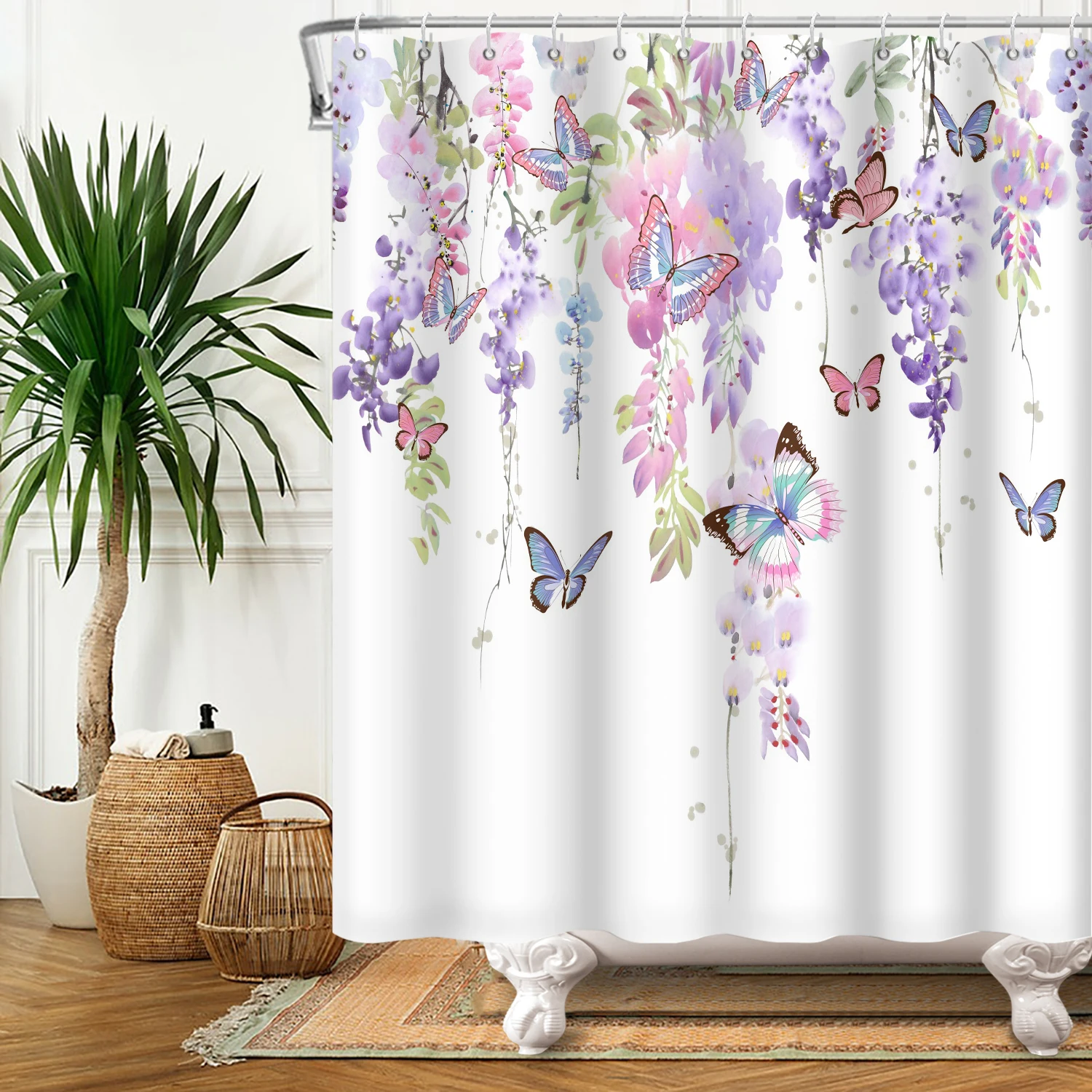 Green Leaves Plant Flower Butterfly Shower Curtain Wild Animal Waterproof Fabric Bath Curtain Bathroom Accessorie Decor shower curtains