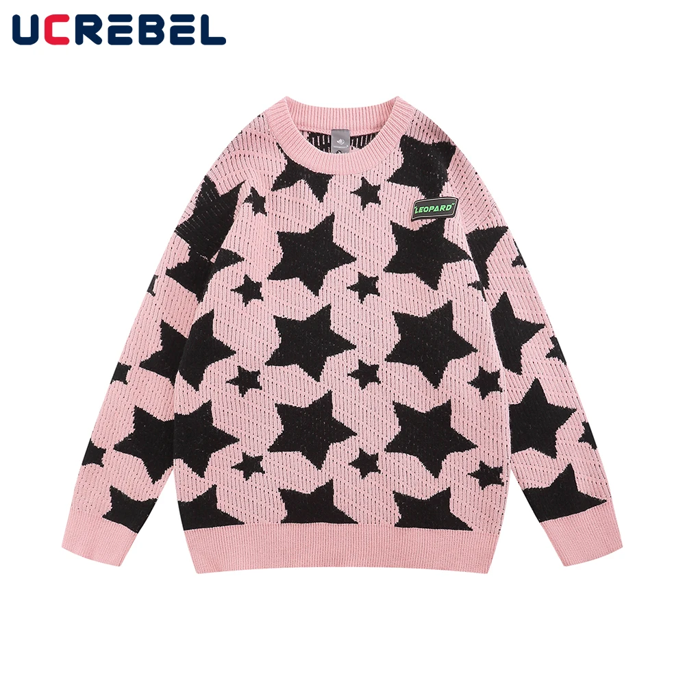 

Star Full Print Jacquard Crew Neck Sweater Mens Autumn Loose Long Sleeve Dopamine Clothes Men Pullover