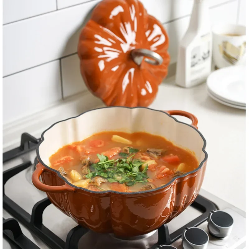 Nordic Household Stewing Pot Orange 24cm Soup Pan Creative Pumpkin Cooking Pots Cast Iron Enamel Utensils For Kitchen