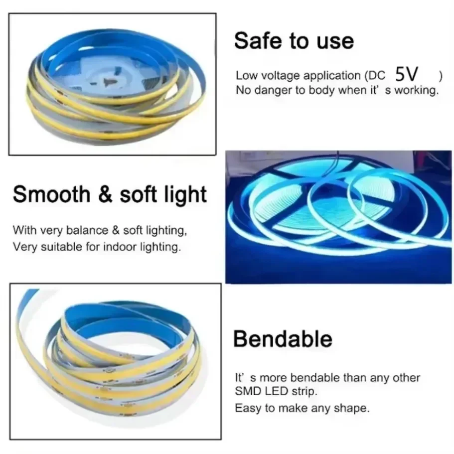 Ultra-Luminous USB-Powered COB LED Strip Light with Adjustable Touch Sensor and Hand Scan Dimming