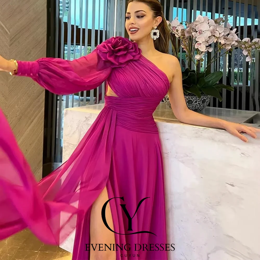CUYUN One Shoulder Long Sleeves Evening Dresses Women Handmade Flowers High  Slit Prom Gown Customized Party Dresses 2025 - AliExpress 320