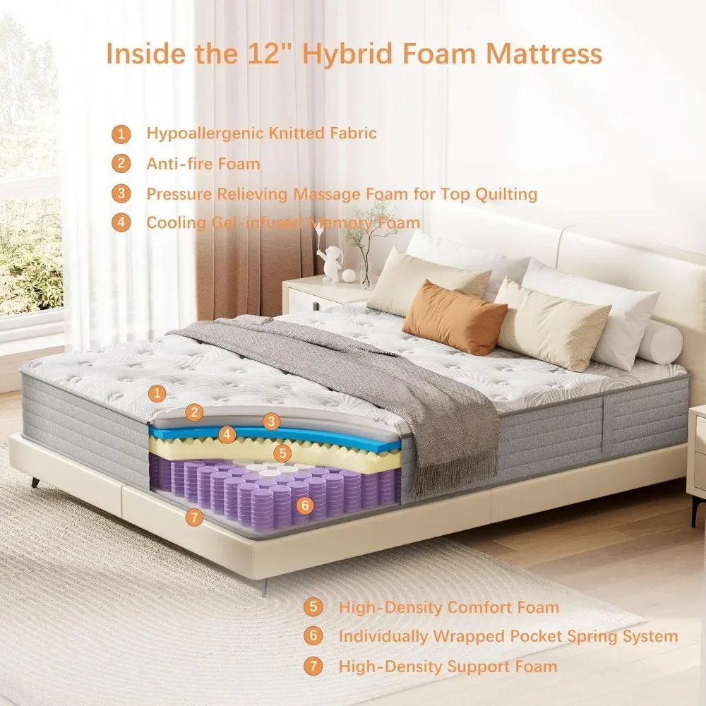 Mattress, 12 inch Hybrid Gel Memory Foam Mattress with Pocket Springs, Mattress in a Box, Motion Isolation, Pressure Relief 3