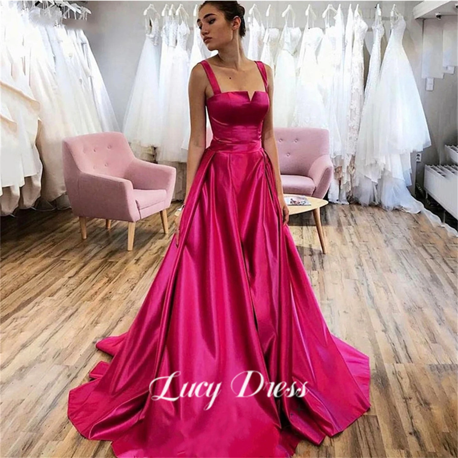 

Lucy Shiny Satin Party Dress Rose Pink Satin Sweep Train Evening Dresses Sleeveless A-line Vestidos De Noche Sweetie Prom Dress