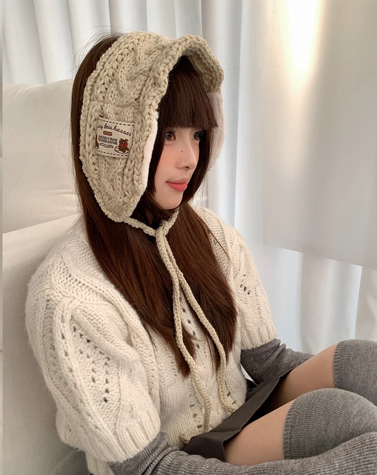 Womens Thickened Red Knitted Plush Earmuffs For Winter Warm Ear Protection Against Cold With Straps