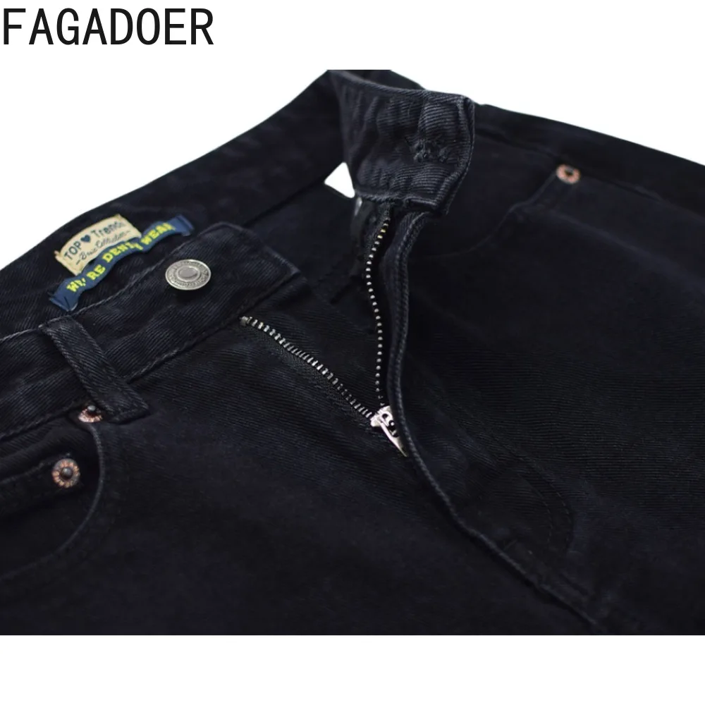 FAGADOER Black Casual Hole Straight Denim Pants Women High Waist Button Loose Trousers Fashion Female Matching Trend Streetwear