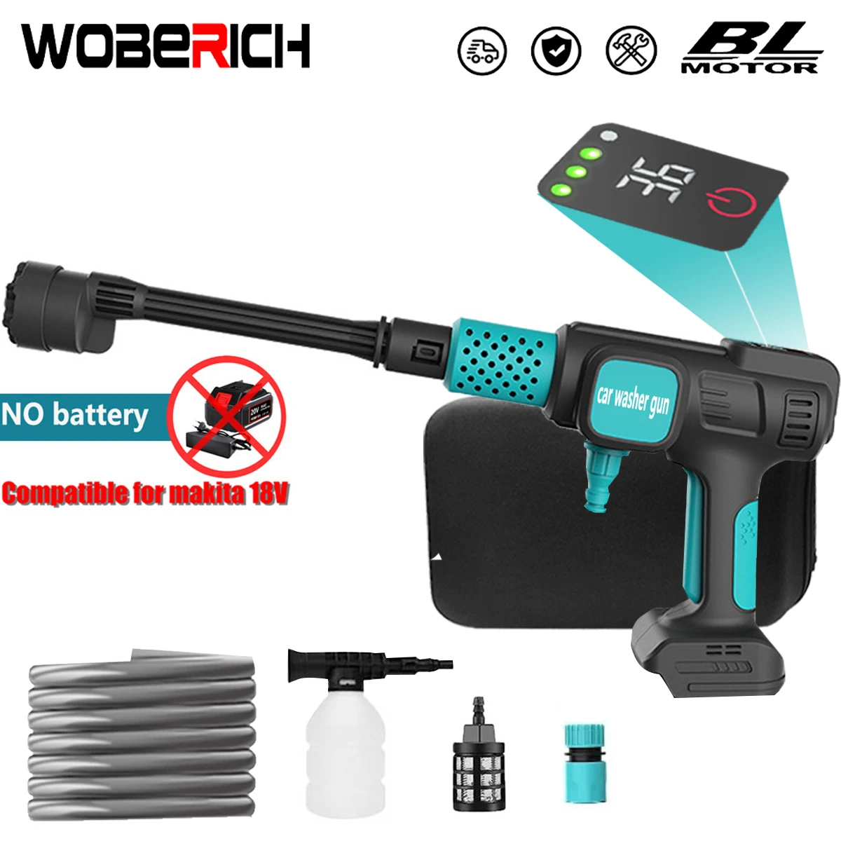 WOBERICH 280Bar 4Gears Brushless Electric High Pressure Washer Cordless Car Washing Gun Digital Display No Battery For Makita 18V