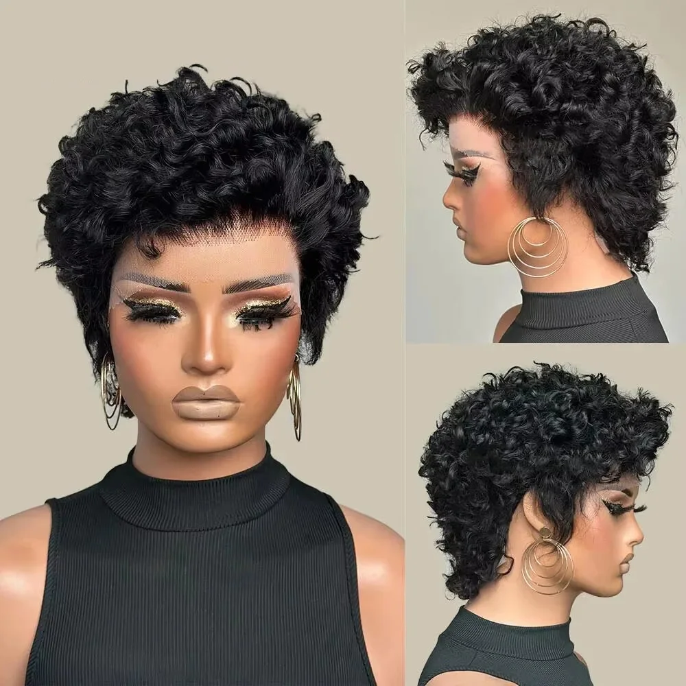 Short Curly Pixie Cut Human Hair Wigs Brazilian Remy Hair 13x4 Lace Front Wigs For Women Pre Plucked 180 Density Natural Black