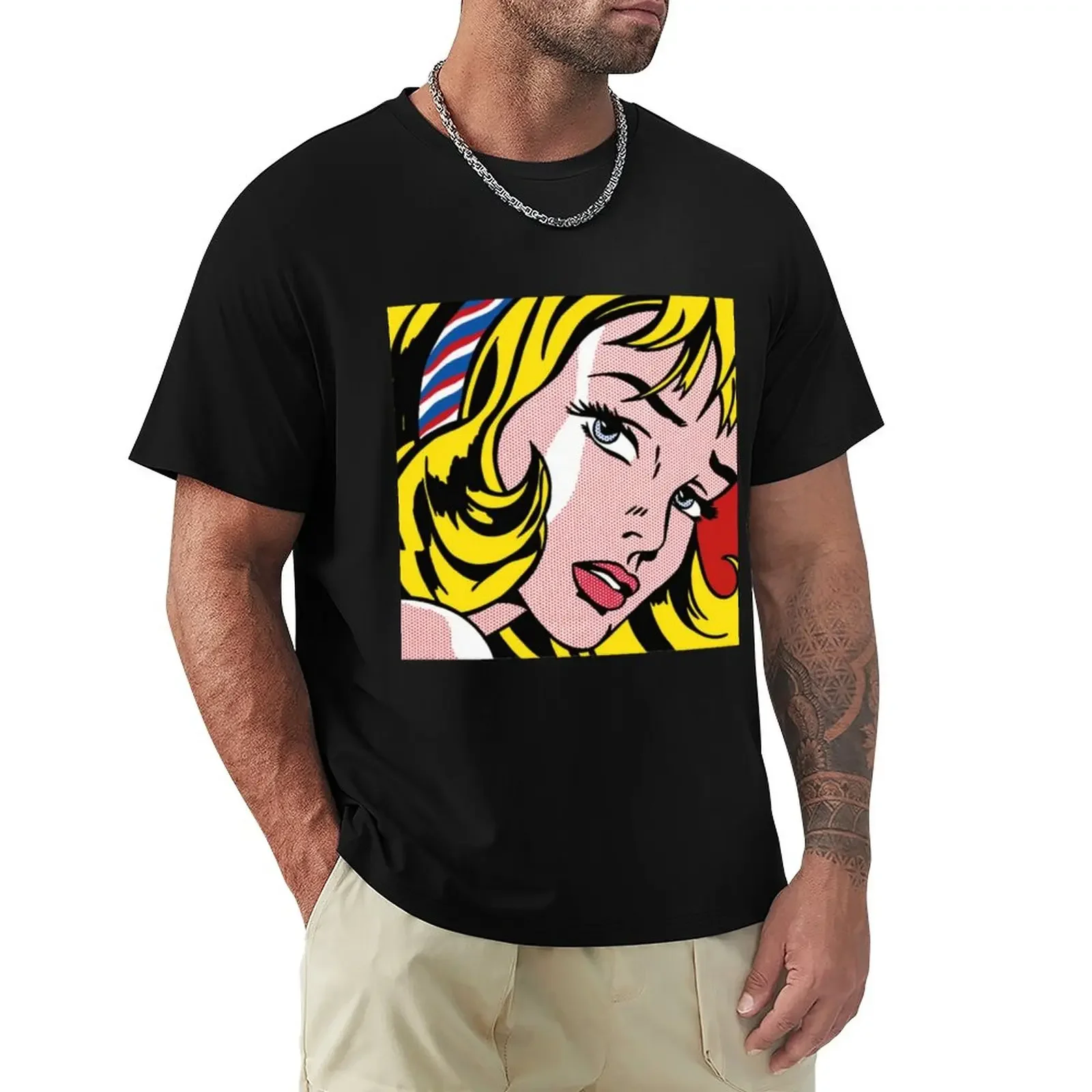 

Roy Lichtenstein ,Girl with Ribbon Hair painted on canvas hand painted on canvas T-Shirt summer top mens clothing