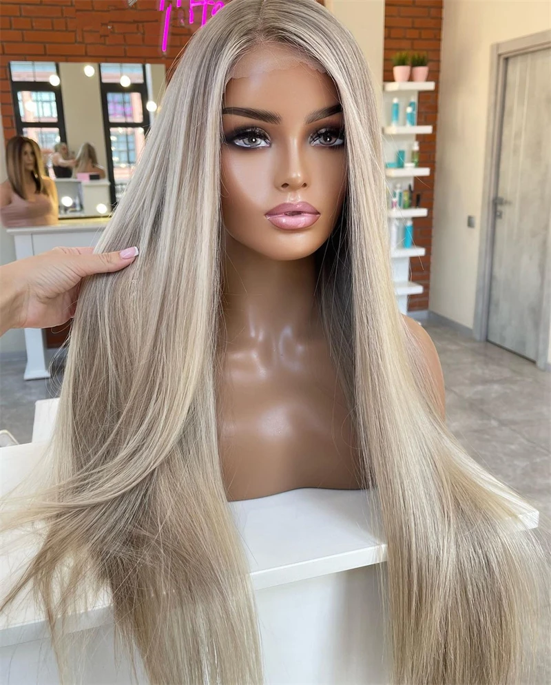 Side Parting Synthetic Lace Front Wig Pre plucked Natural Hairline Mixed with Human Hair Wigs Ash Blonbe Highlights Straight Wig
