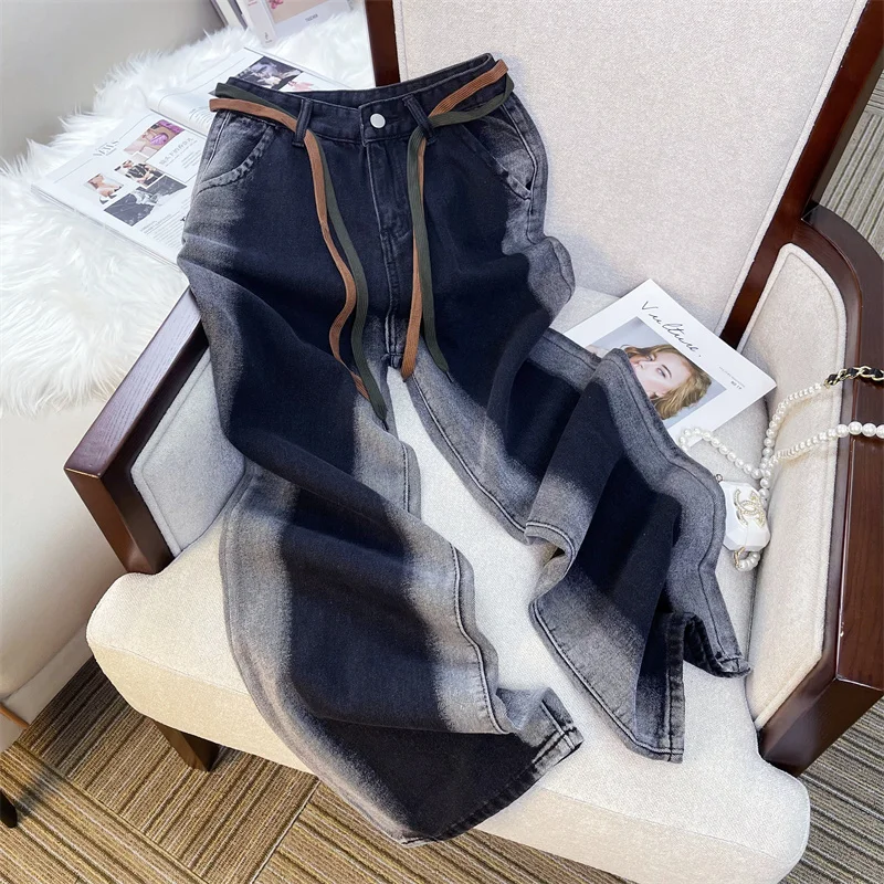 

2023 New Fashion High-quality Design Sense Niche Hit Color Gradient Jeans Women's Korean Version Loose High Waist Thin Wide-leg