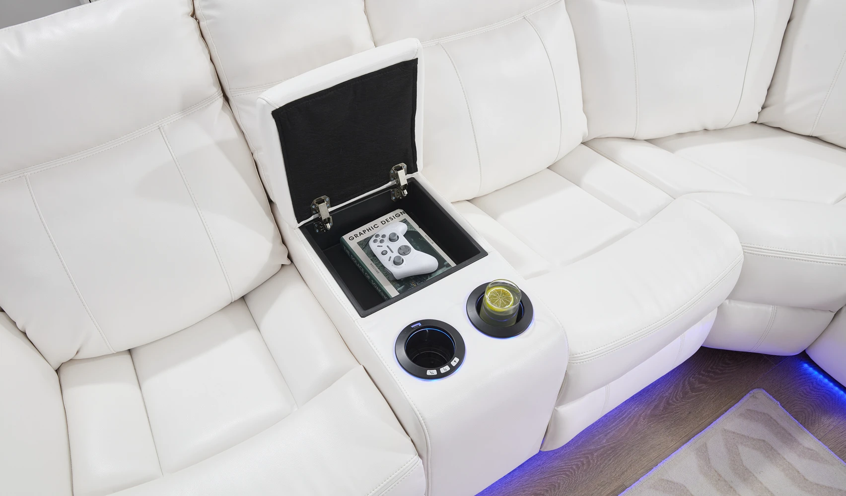 Power Recliner Sectional Sofa with LED Lights, USB, Cup Holders Storage Console Faux Leather Wall Hugger Living Room Couch