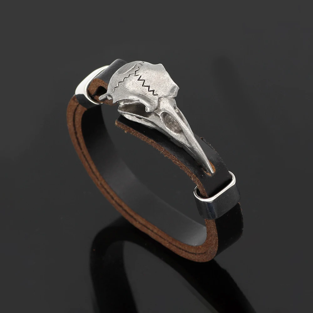 Mode Vintage Edelstahl nordischen Odin Krähe Schädel Armband Punk Männer Wikinger Leder Amulett Armbänder Schmuck Geschenk Großhandel