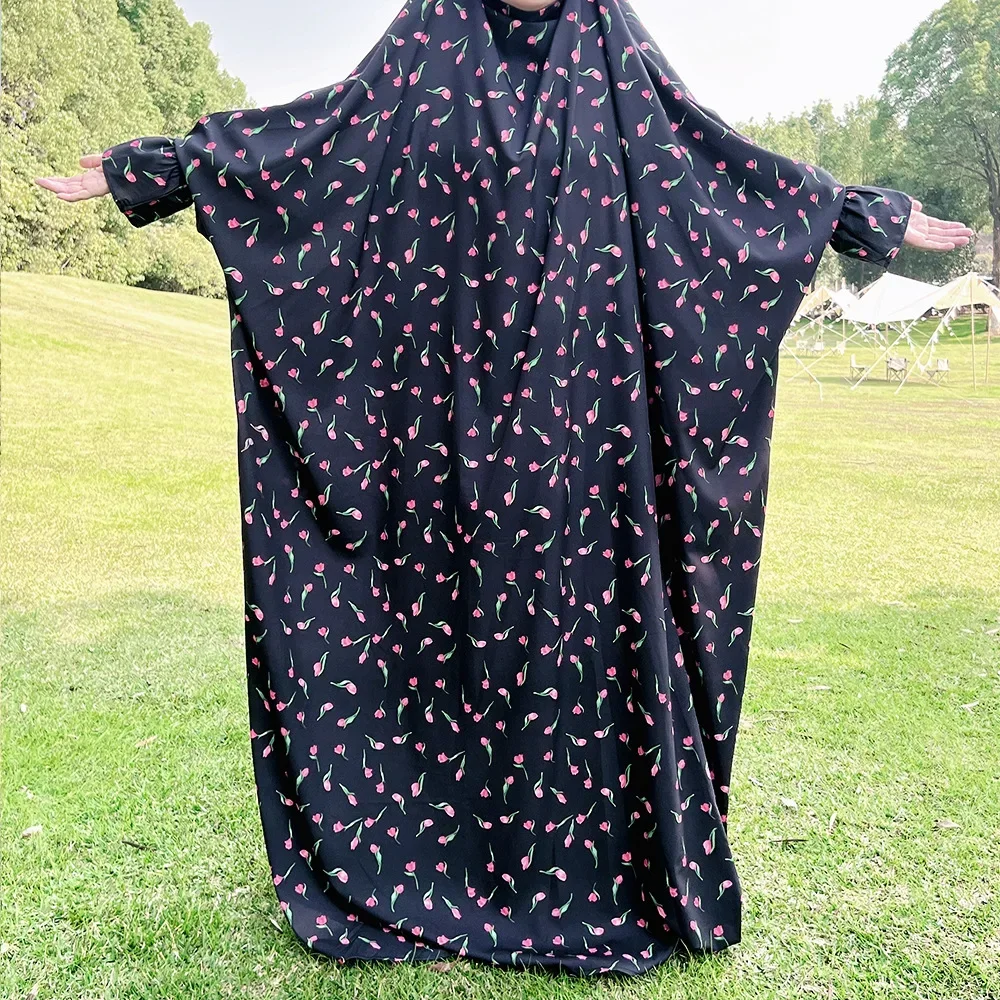 Ramadan Floral Print Hoody Abaya Muslim Prayer Dress Long Khimar Hijab Full Cover Abayas for Women Dubai Islam Kaftan Robe Niqab