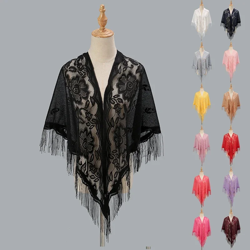 Trendy Women Hollowed Tassel Scarf Solid Color Breathable Triangle Shawl Ladies Outdoor Sunshade Beach Towel