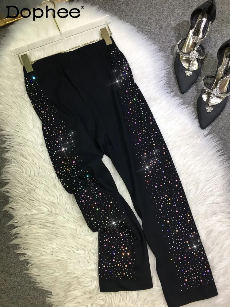 

European Goods Hot Drilling Leggings Women Shiny Black Elastic Waist Black Skinny Pants 2024 Spring Summer New Cropped Pants