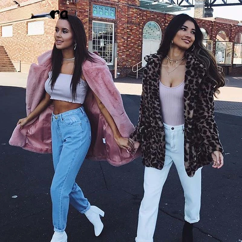 

Women Winter Classic Leopard Jackets Coat Fashion Faux Rabbit Fur Long Streetwear Casual Turn-down Collar Soft Overcoat Plush