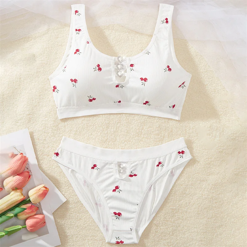 Japanese Bra and Panty Set Women Wire Free Soft Underwear Set Kawaii Lolita Lingerie Cherry Print Small Pit Strip Sexy Lingerie