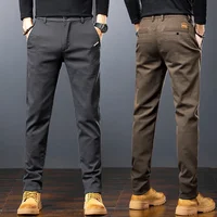 Men's Twill Slim Pants Business Straight Cotton Casual Trousers Brand Fashion Korean Elastic Coffee Black Gray Pant 1