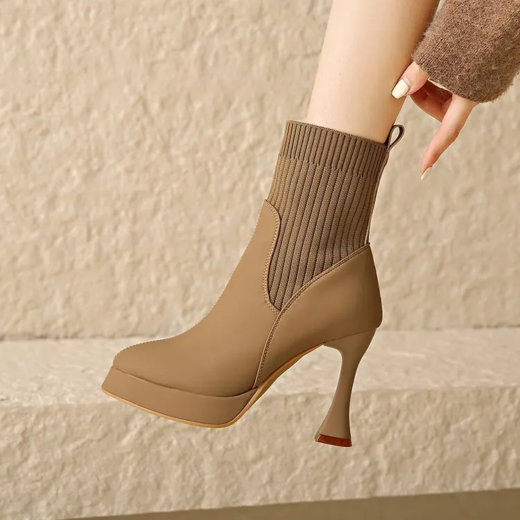 Elegante Damen Stiefeletten Mit Absatz Und Elastischer Schuhspitze_voghion.com