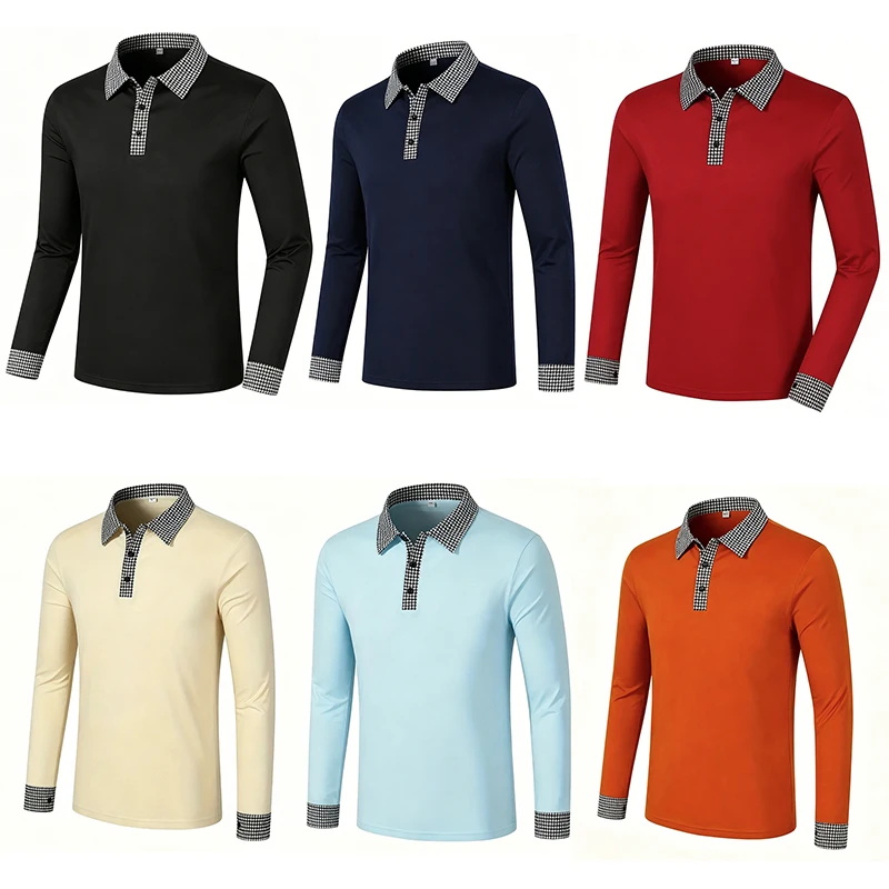 Polo da uomo a maniche lunghe con risvolto a quadri a contrasto, vestibilità regolare, per tutti i giorni, ufficio, affari, weekend, viaggi, casual, streetwear, top basic - immagine 6