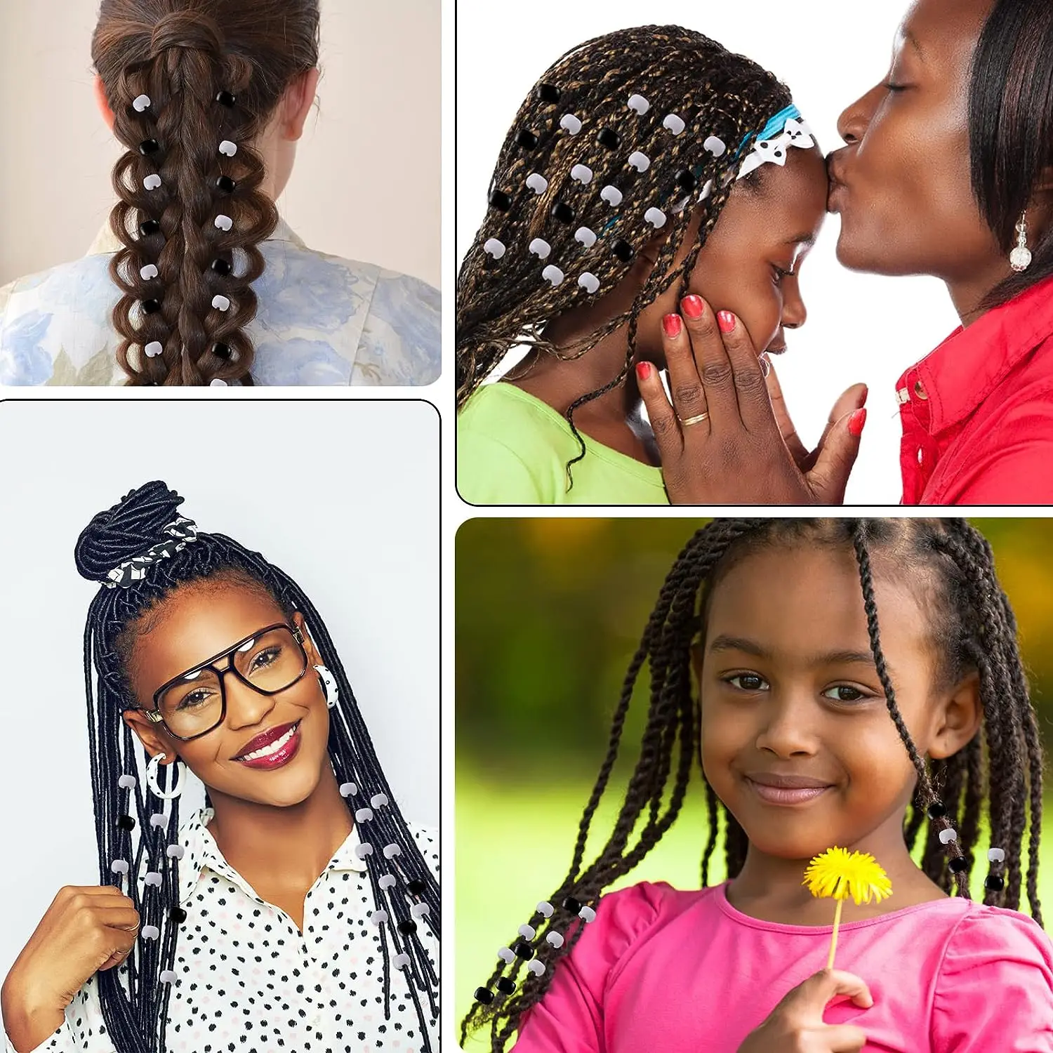 Hair Braid Accessories 401Pcs/Bag Beads Kit for Hair Braids 200pcs Glitter Pony Beads 200pcs Elastic Rubber Bands 1pcs Beaders for Kids Hair