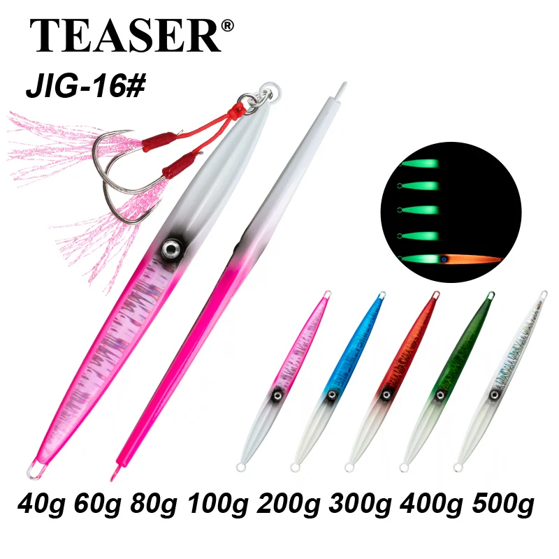 TEASER J16 40g-500g Metall Sinking Jigbiat Salzwasser Karpfen Hecht Peche Jig Spinner Köder Angeln Meer-brasse Jigging Köder mit Haken
