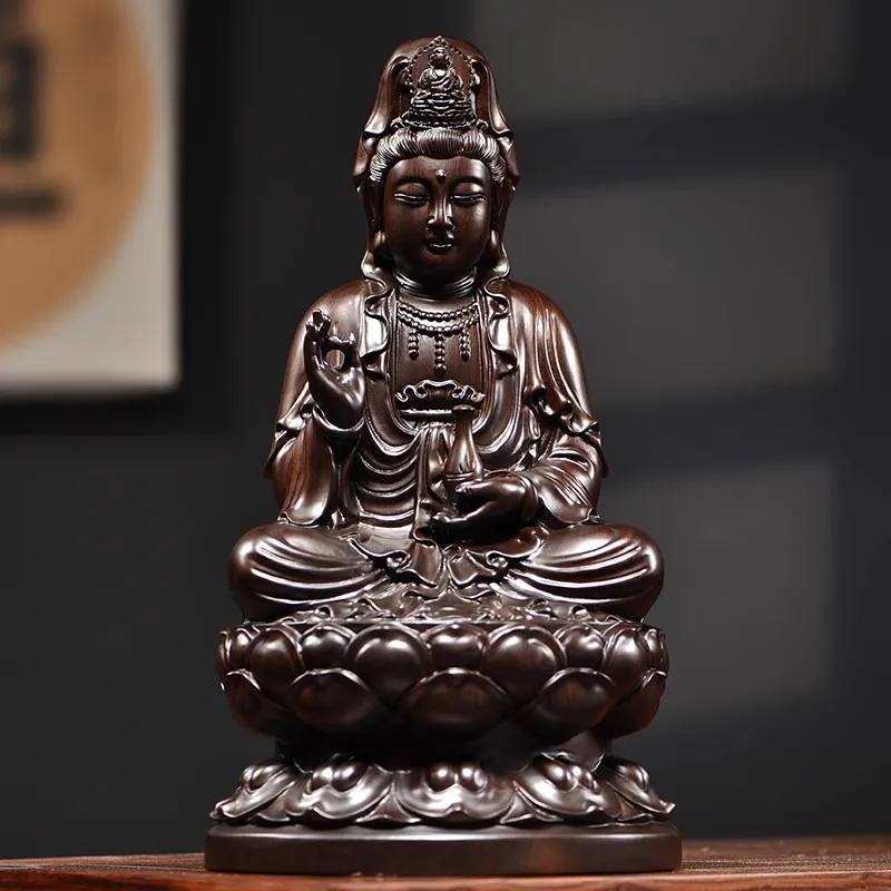 Solid wood carving Lotus Guanyin statue，Safflower pear， Black sandalwood Wooden buddha statue Home Feng Shui Decoration 13-38cm