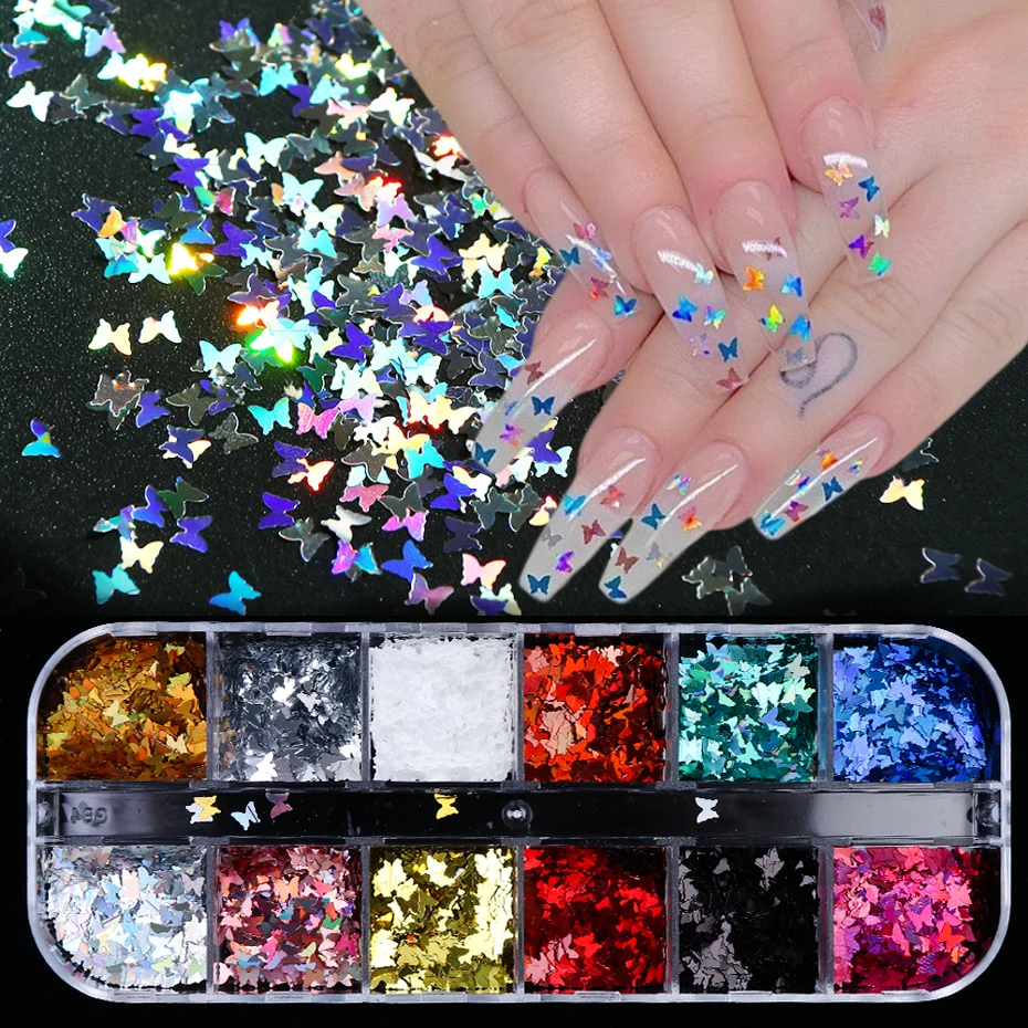 Nail Powder Nail Glitter Nail Pigment Nail Decoration 1 Case Nail Glitter Powder Sequins Round Butterfly Heart 3D Flakes Holographic Powder For Nail Polish Manicure