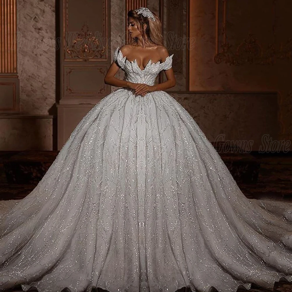 

Elegant 2022 Luxury White Wedding Dress Formal Ball Gown For Bride Sweetheart Glitter Sequin Custom Draped Long Robe De Mariage