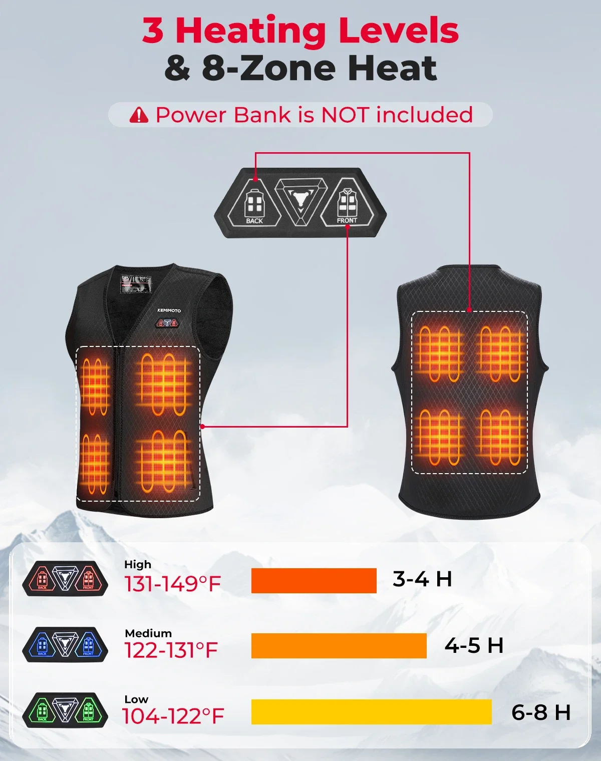 Description Picture 4 of itemKEMIMOTO Heated Vest USB Men Women Heating Jacket Electric Winter Warmer Sports Skiing Hiking Temperature Adjustable Washable