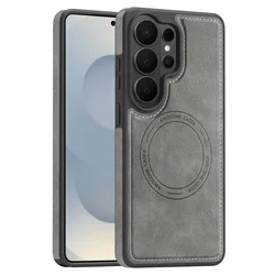 Premium Retro Leather Magnetic Back Cover Compatible with Magsafe - Galaxy S23 Ultra (Gray)