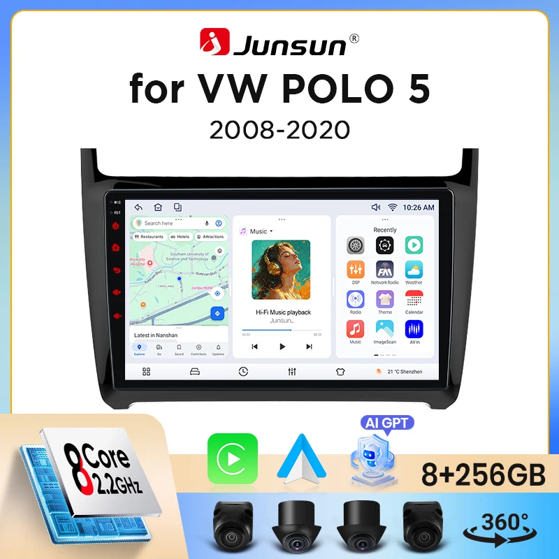 Radio de coche Junsun con CarPlay inalámbrico y Android Auto para Volkswagen (VW) Polo Mk5 (Typ 6R/6C) 2009-2017, con ventilador de refrigeración integrado, GPS Android, reproductor multimedia, WiFi, DSP, RDS, BT, SWC, pantalla táctil IPS, autorradio, reproductor de video, unidad principal estéreo. 1